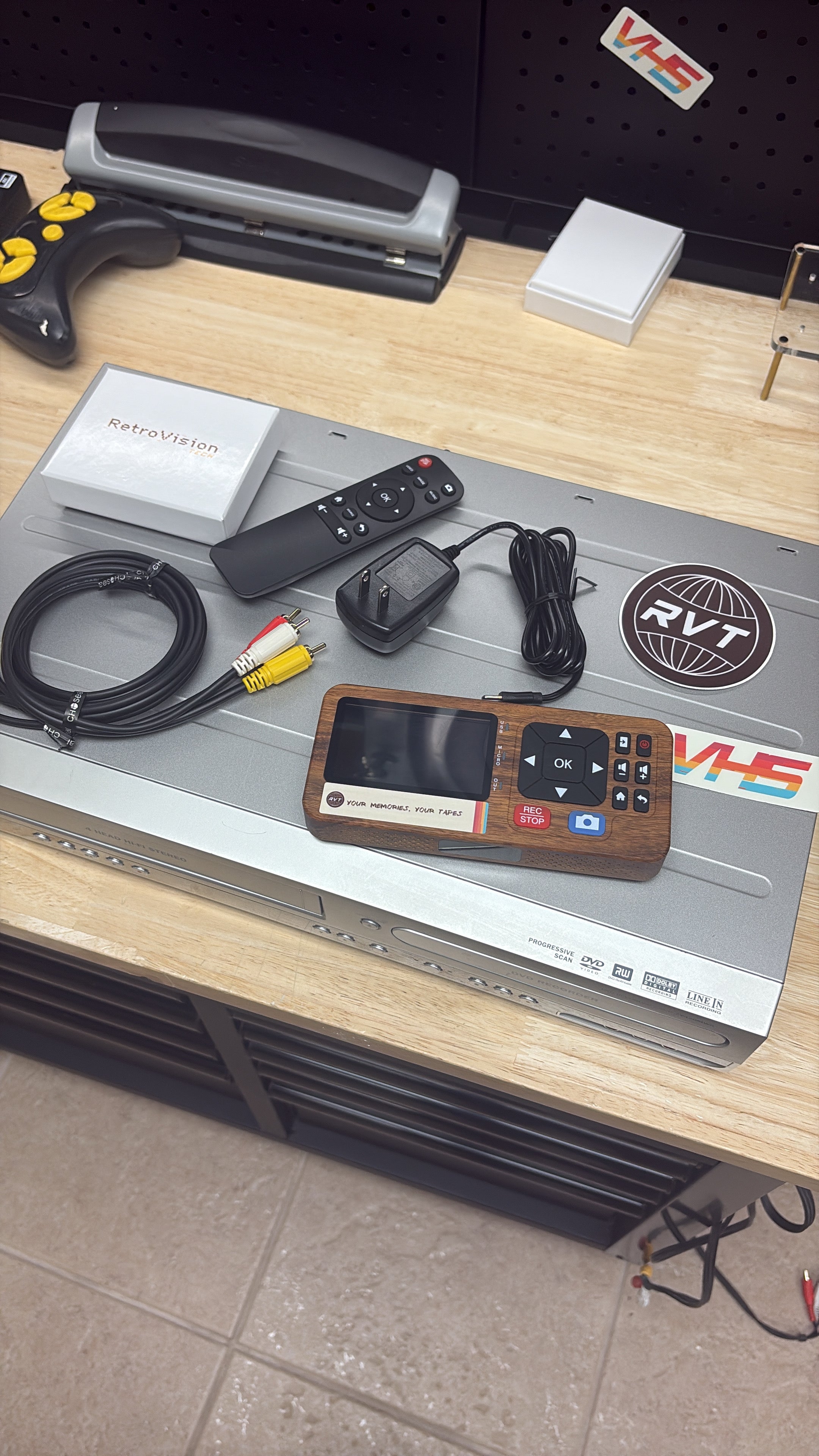 RetroVision Tech RVT Digitizer kit with DVD player, RCA cables, power adapter, and remote — everything needed to digitize a DVD at home
