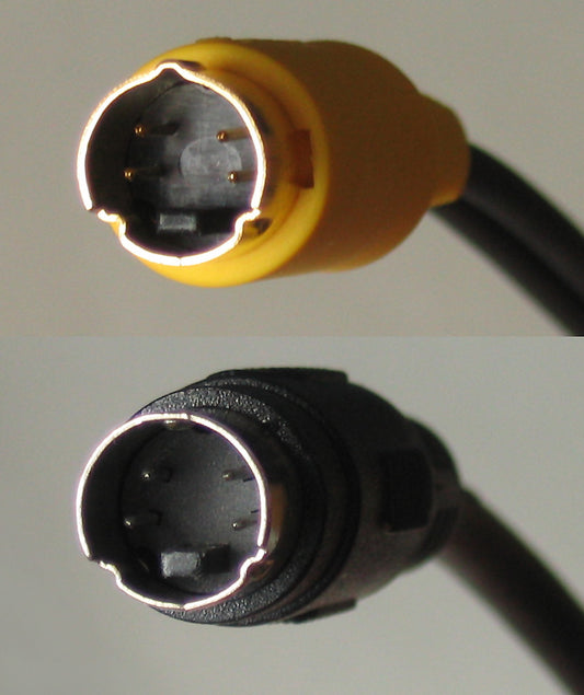 Close-up of an S-Video connector plug — the round 4-pin mini-DIN end