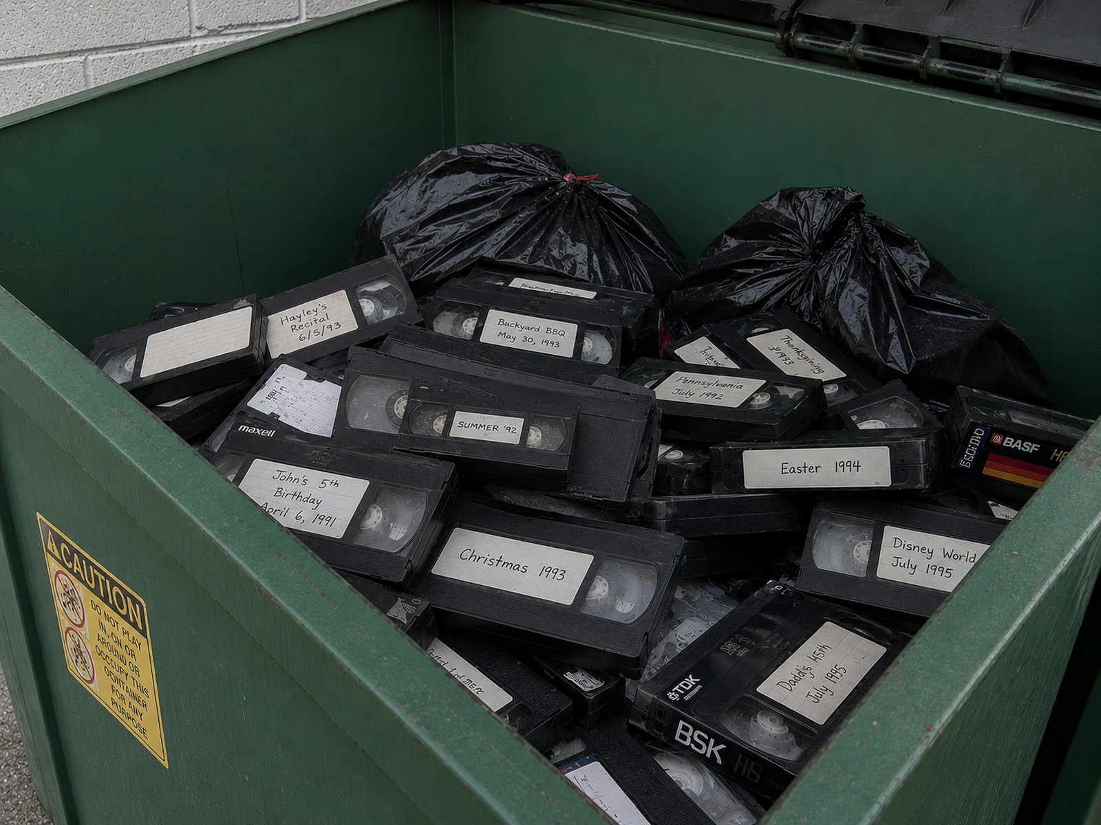 VHS tapes in a dumpster labeled with family memories — a warning about mail-in digitization services